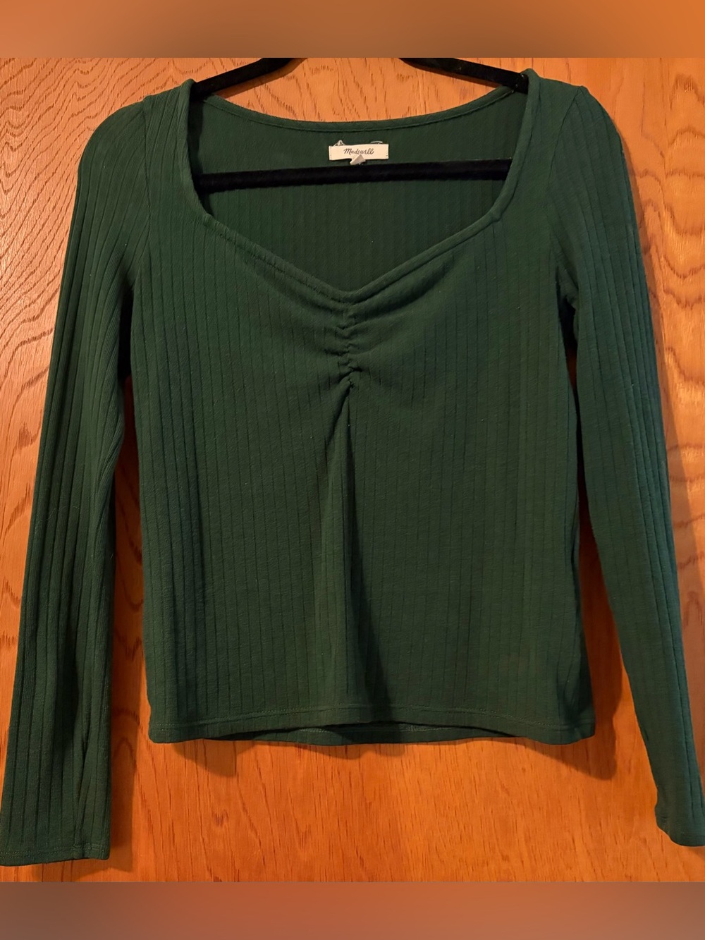 Madewell Deep Green Ribbed Long-Sleeve Top with V Gather